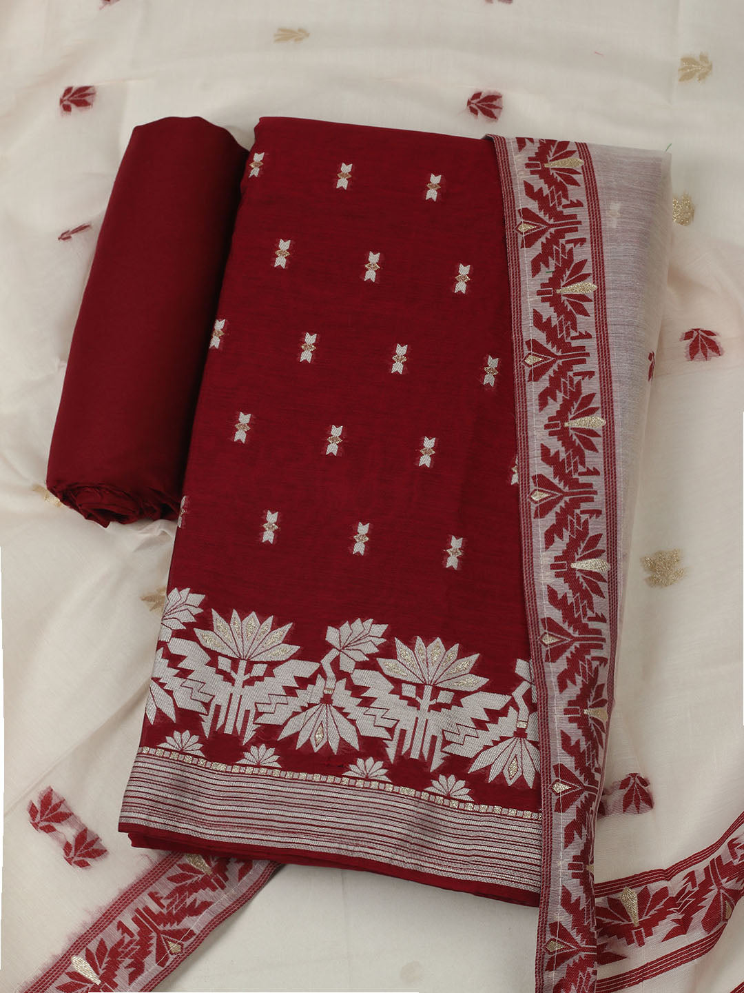 Embroidered Chanderi Unstitched Kurta With Pant &amp; Dupatta