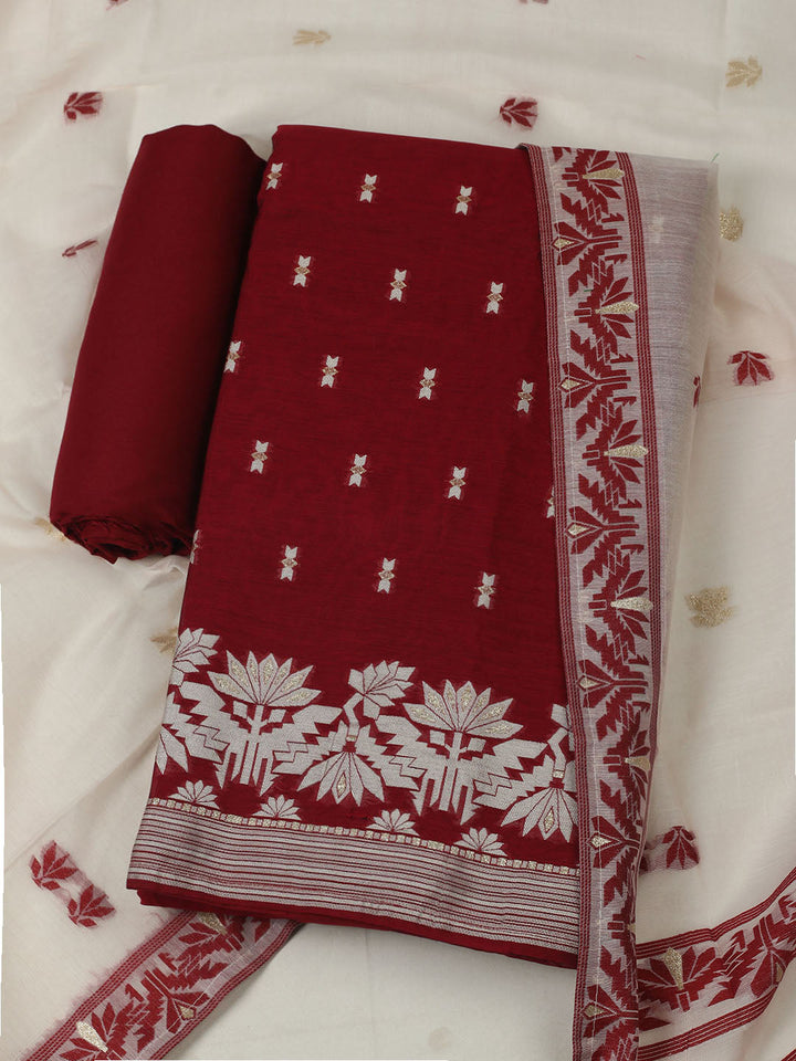 Embroidered Chanderi Unstitched Kurta With Pant &amp; Dupatta