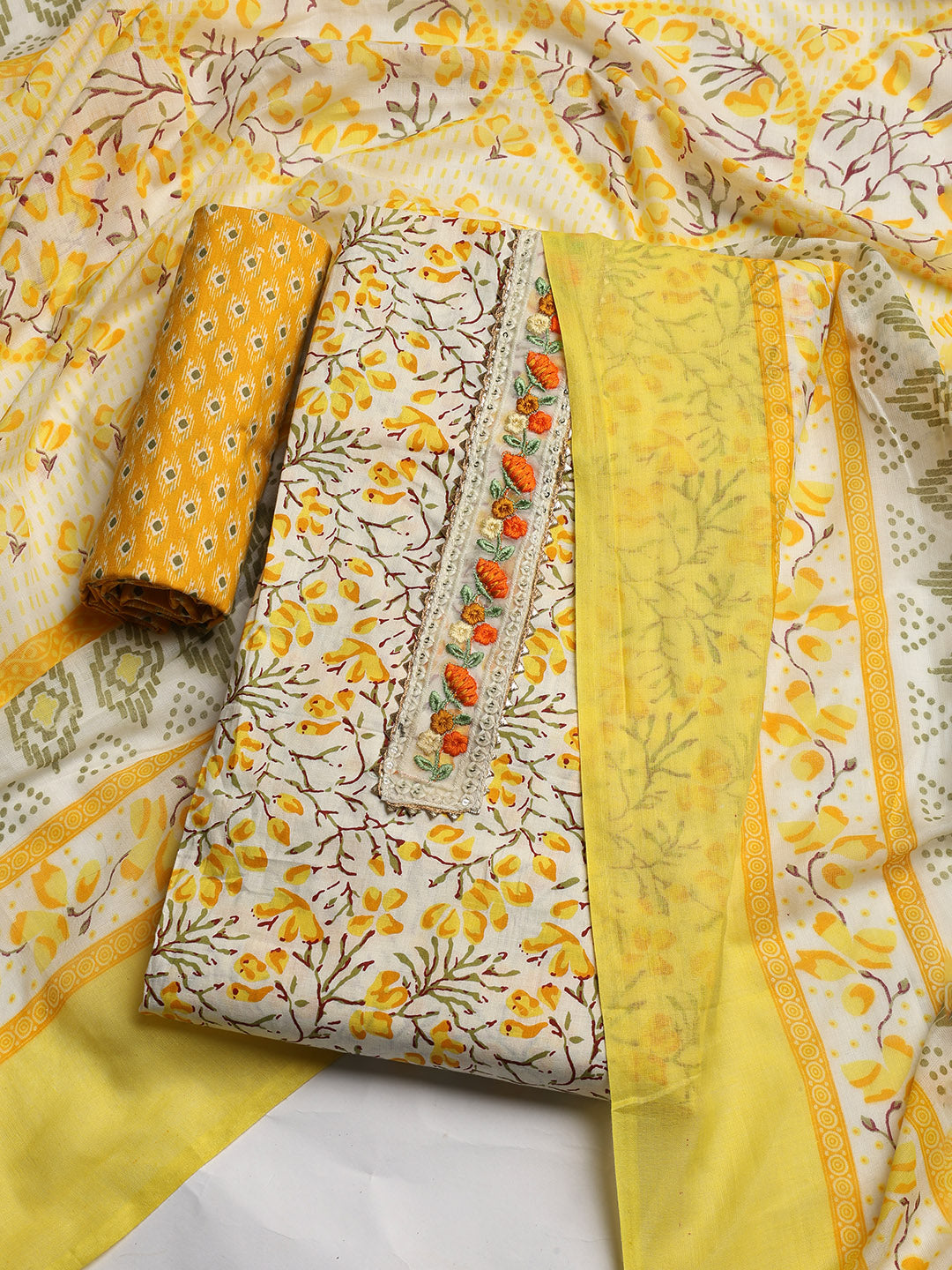 Printed Cotton Blend Unstitched Suit With Dupatta