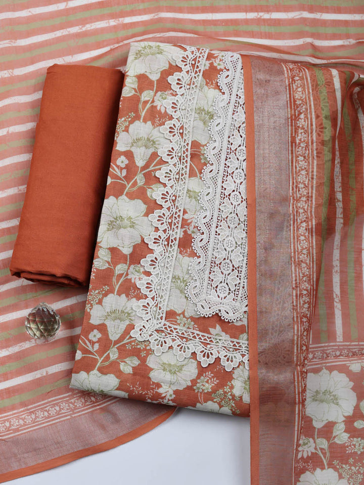 Embroidered Linen Blend Unstitched Suit With Pant &amp; Dupatta