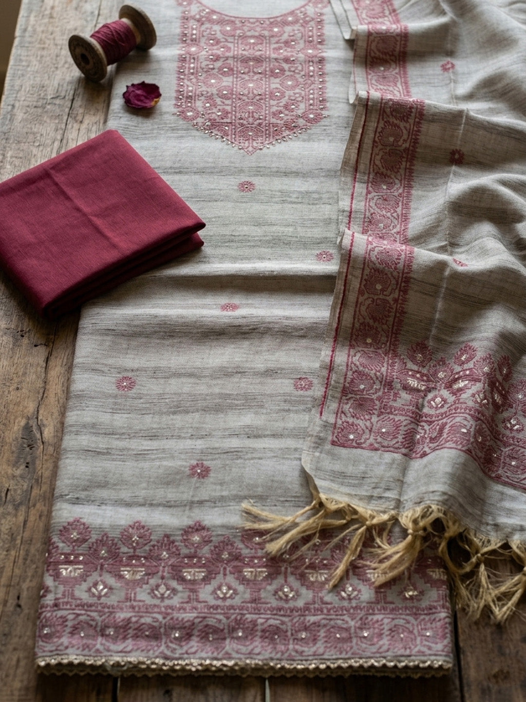 Embroidered Chanderi Unstitched Suit With Pant &amp; Dupatta