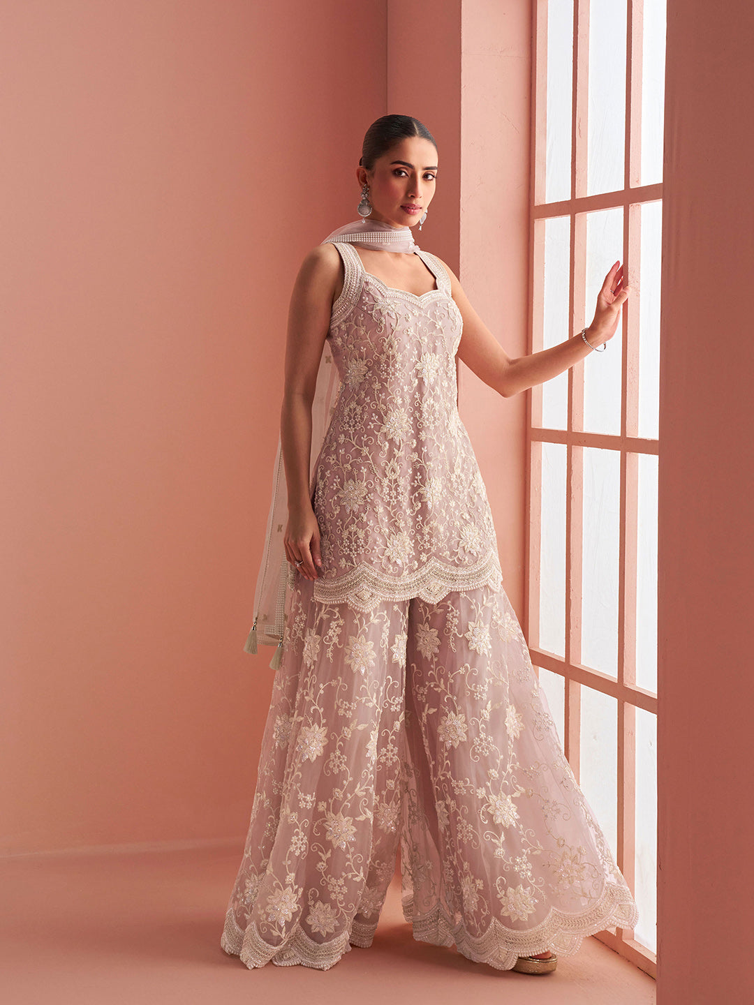 Embroidered Net Kurti With Plazzo &amp; Dupatta