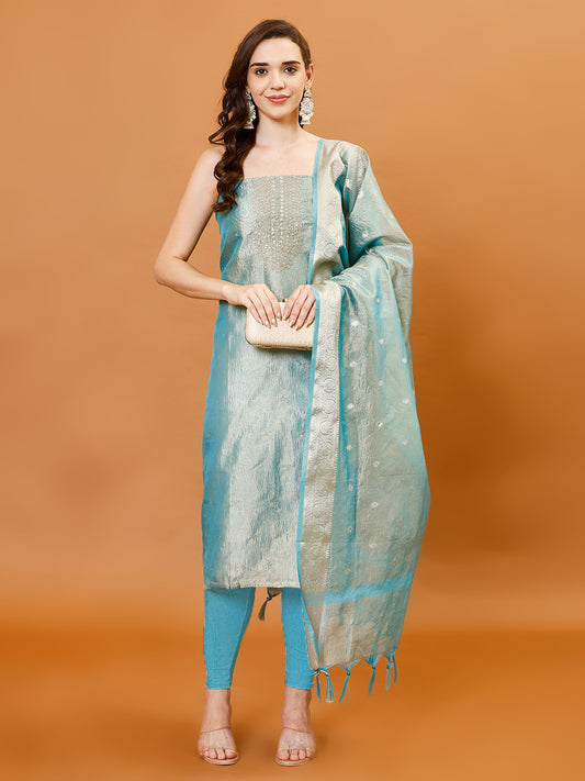 Neck Embroidered Tissue Unstitched Suit Piece With Dupatta