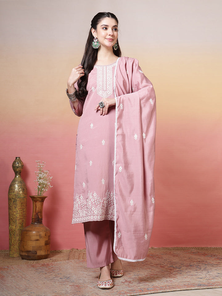 Printed Cotton Blend Kurta With Pants &amp; Dupatta