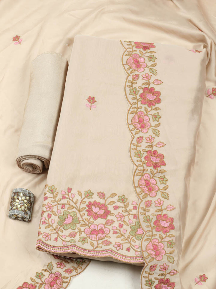 Embroidered Chanderi Unstitched Suit With Pant &amp; Dupatta