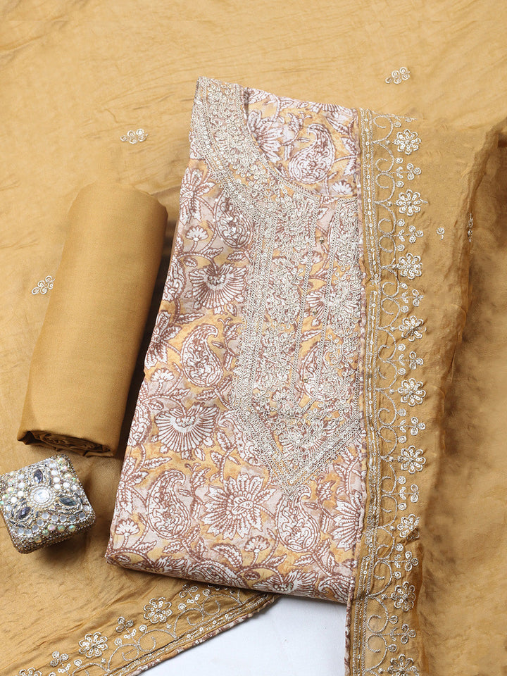 Printed Cotton Blend Unstitched Suit With Pant &amp; Dupatta