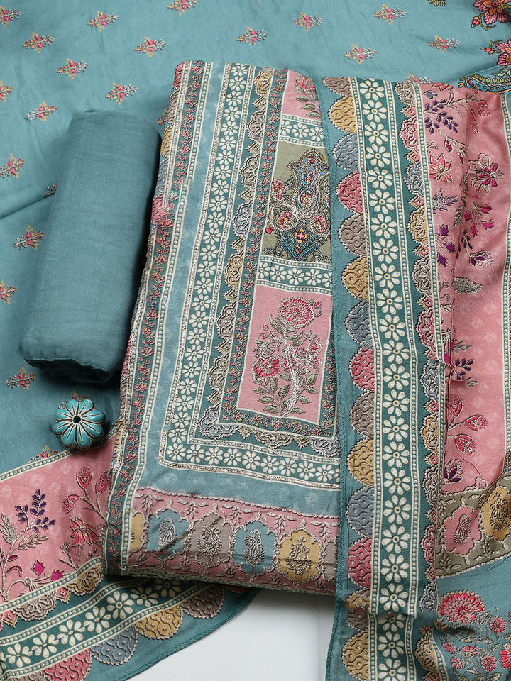 Embroidered Muslin Unstitched Suit With Pant &amp; Dupatta