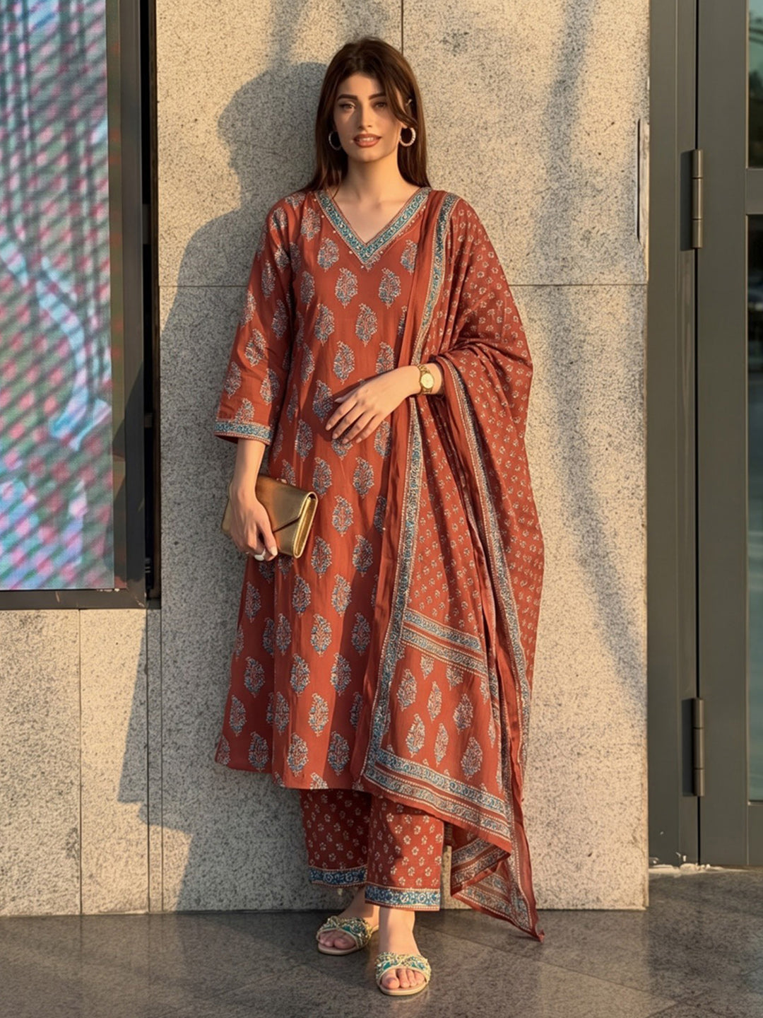 Red Printed Cotton Blend Kurta With Pant &amp; Dupatta