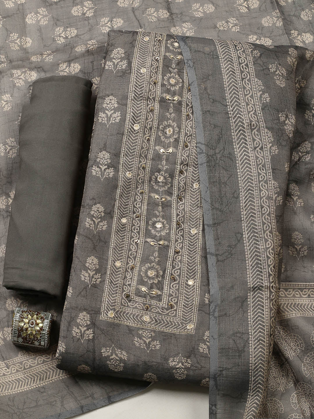 Embellished Tissue Unstitched Suit With Pant &amp; Dupatta