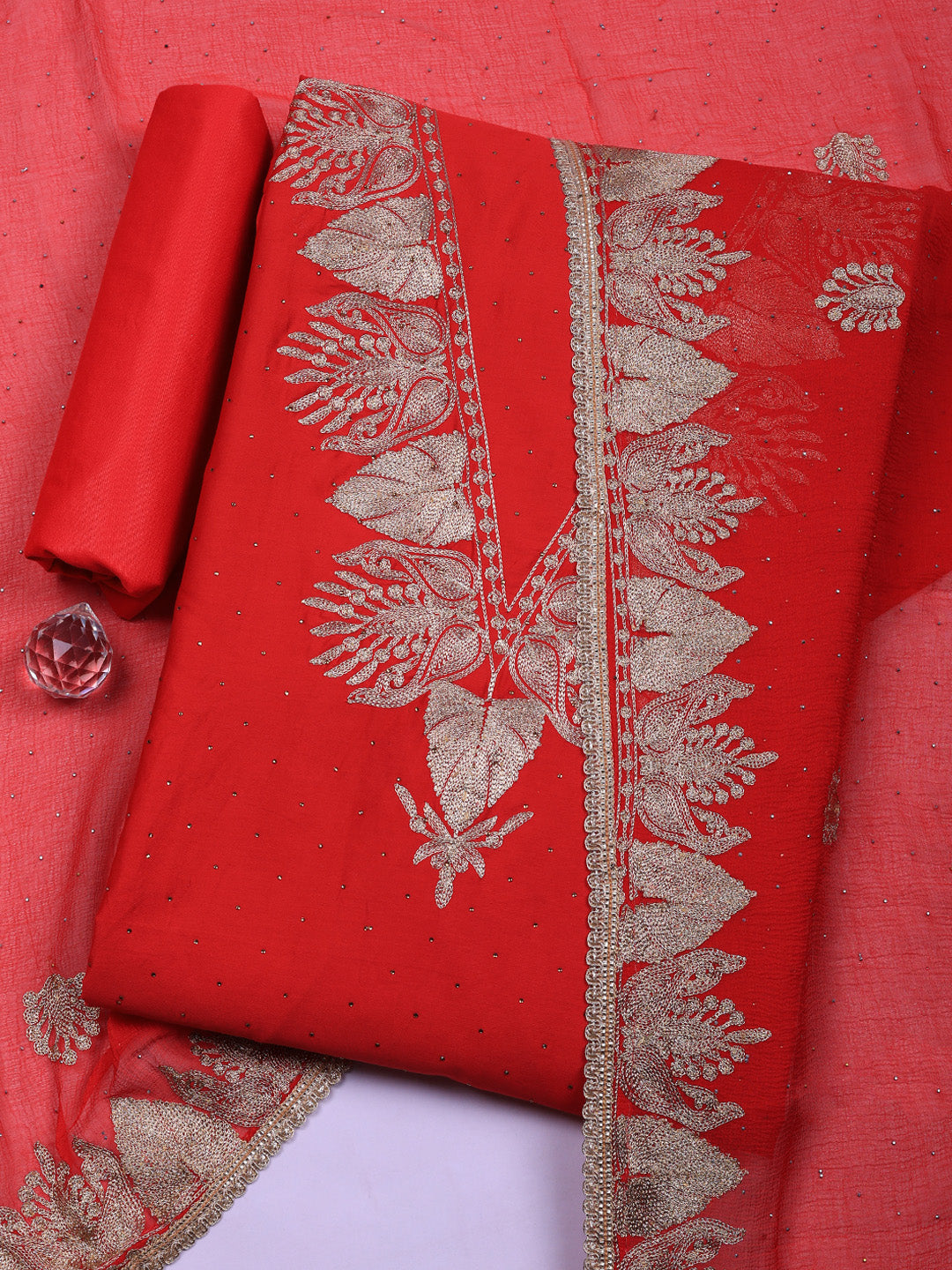 Printed Art Silk Unstitched Suit With Pant &amp; Dupatta