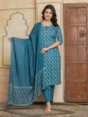 Embroidered Cotton Blend Kurta With Pant & Dupatta