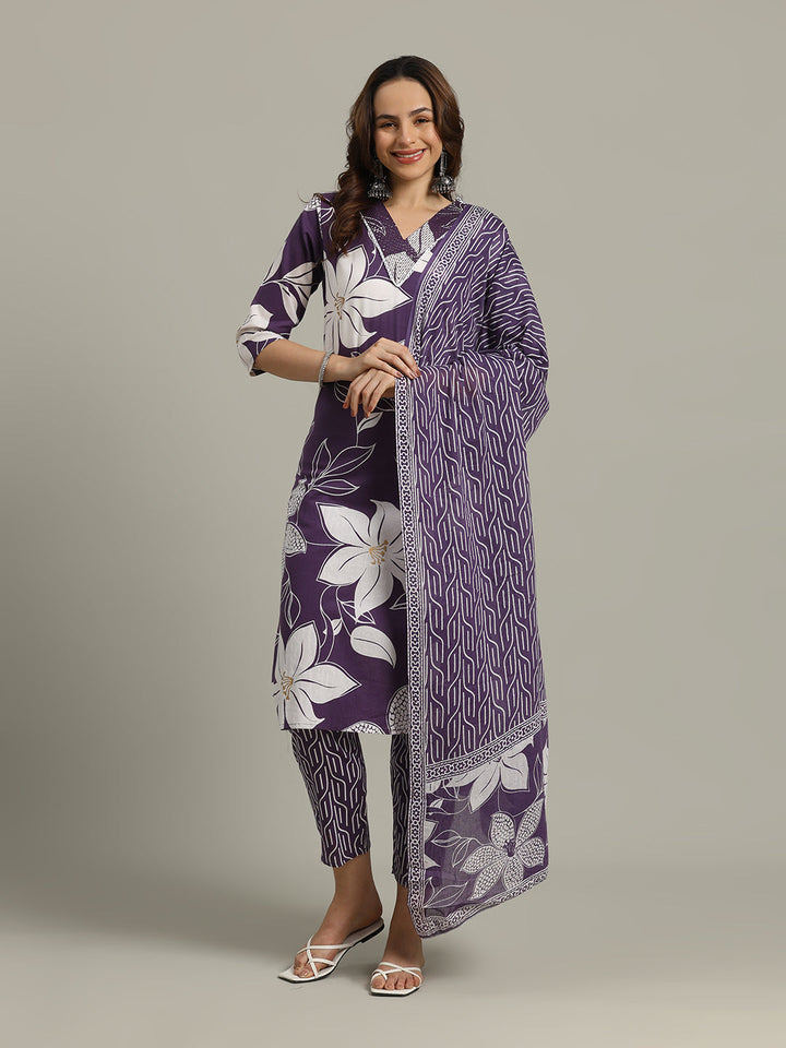 Floral Printed Cotton Blend Kurta With Pants &amp; Dupatta
