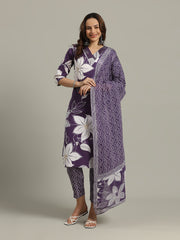 Floral Printed Cotton Blend Kurta With Pants & Dupatta