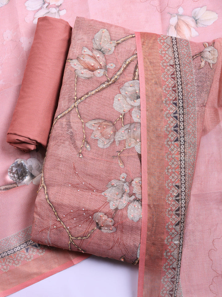 Printed Linen Blend Unstitched Suit With Pant &amp; Dupatta