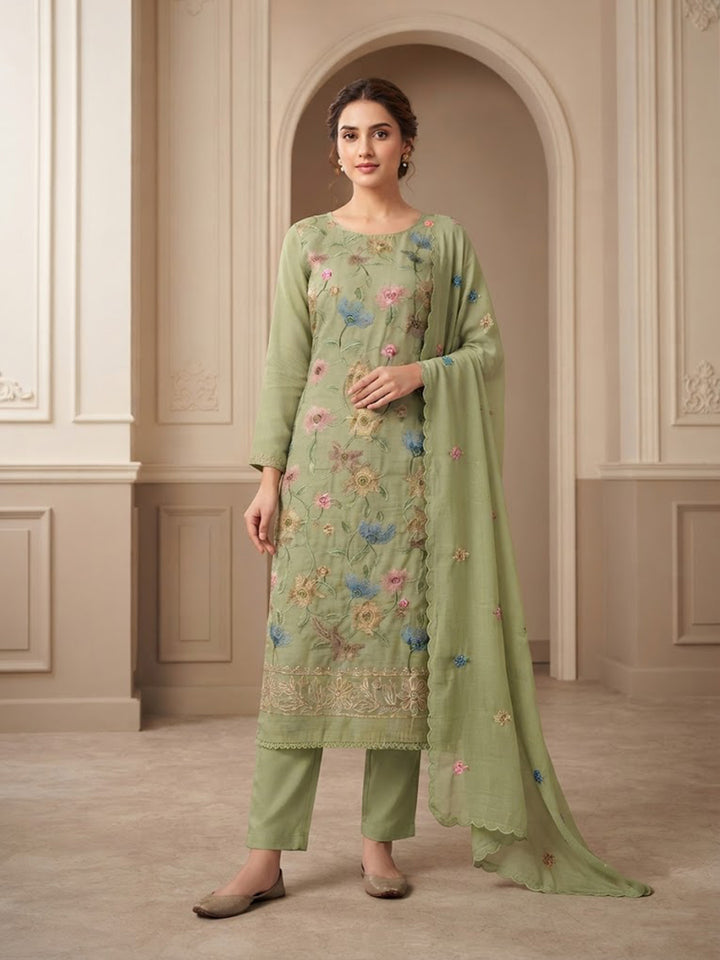 Pista-Green Chanderi Embroidered Unstitched Dress Material