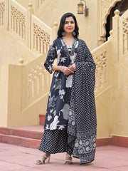 Printed Cotton Blend Kurta With Pants & Dupatta