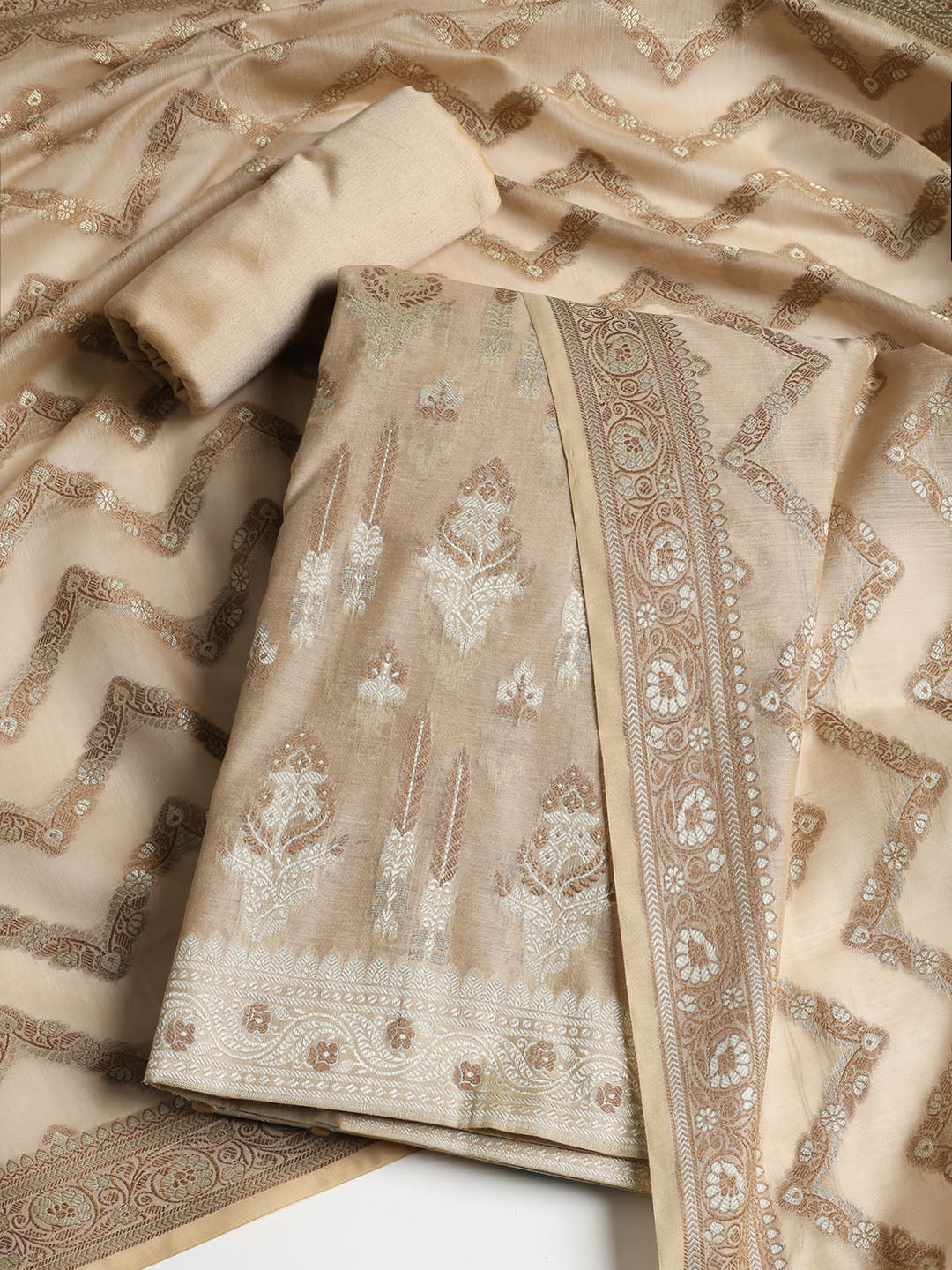 Woven Banarasi Chanderi Unstitched Suit With Dupatta