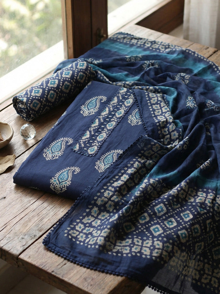 Embroidered Cotton Blend Unstitched Suit With Pant Dupatta