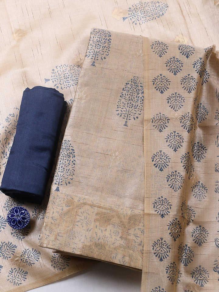 Printed Cotton Blend Unstitched Suit With Pant &amp; Dupatta