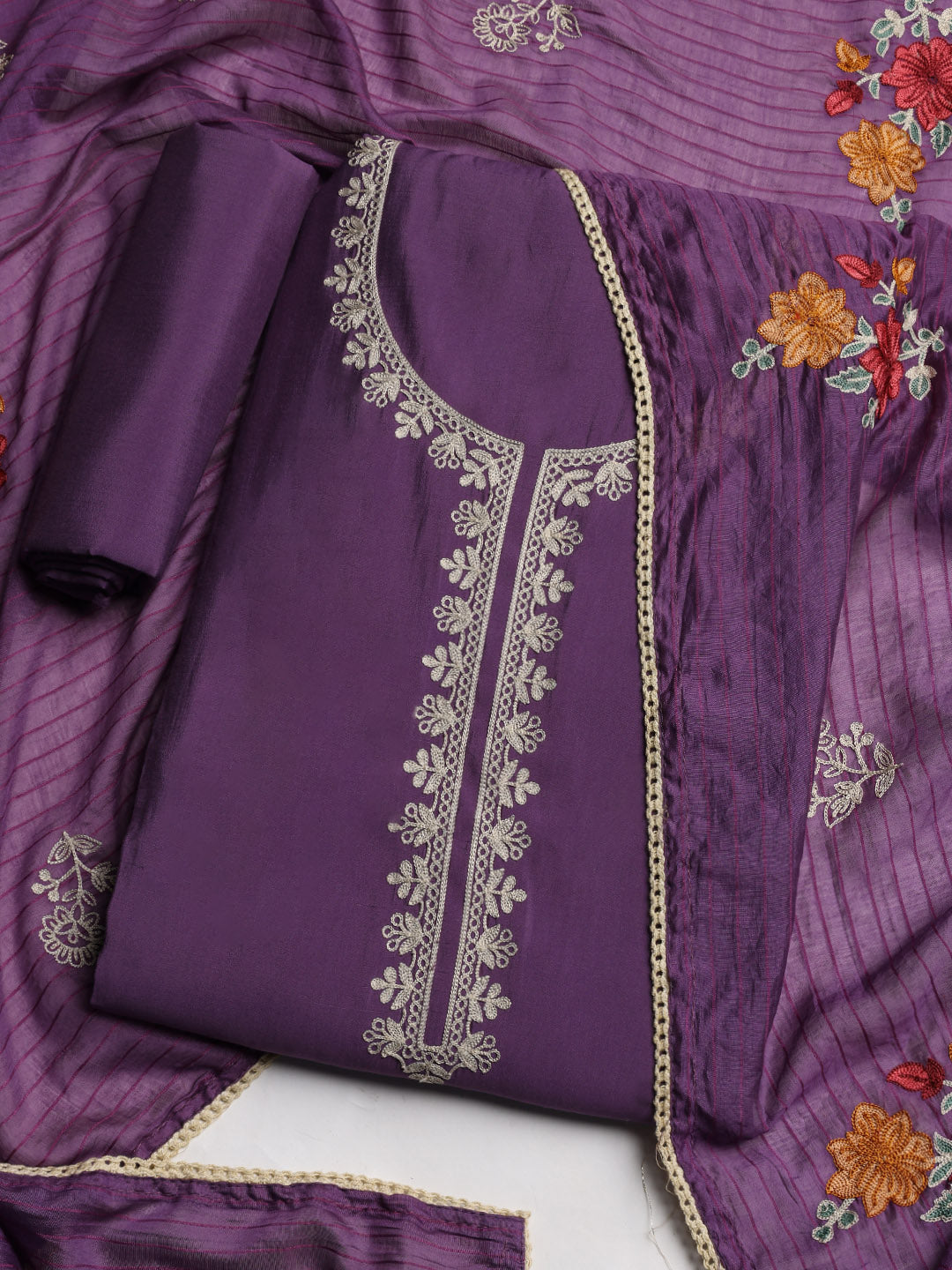 Embroidered Chanderi Unstitched Suit With Dupatta