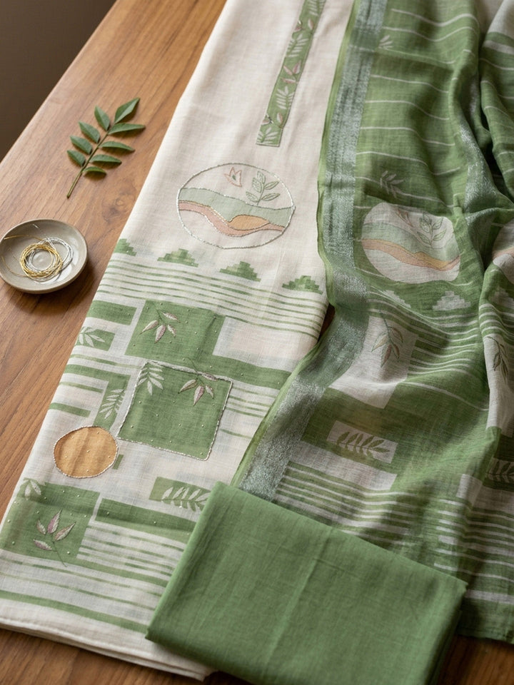 Embroidered Linen Blend Unstitched Suit With Pant &amp; Dupatta