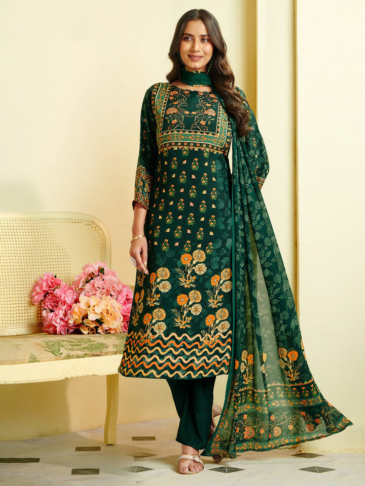 Printed Crepe Unstitched Suit With Pant &amp; Dupatta