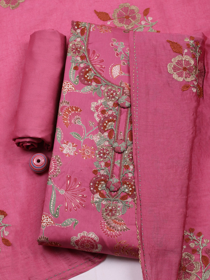 Embroidered Cotton Blend Unstitched Suit With Pant &amp; Dupatta