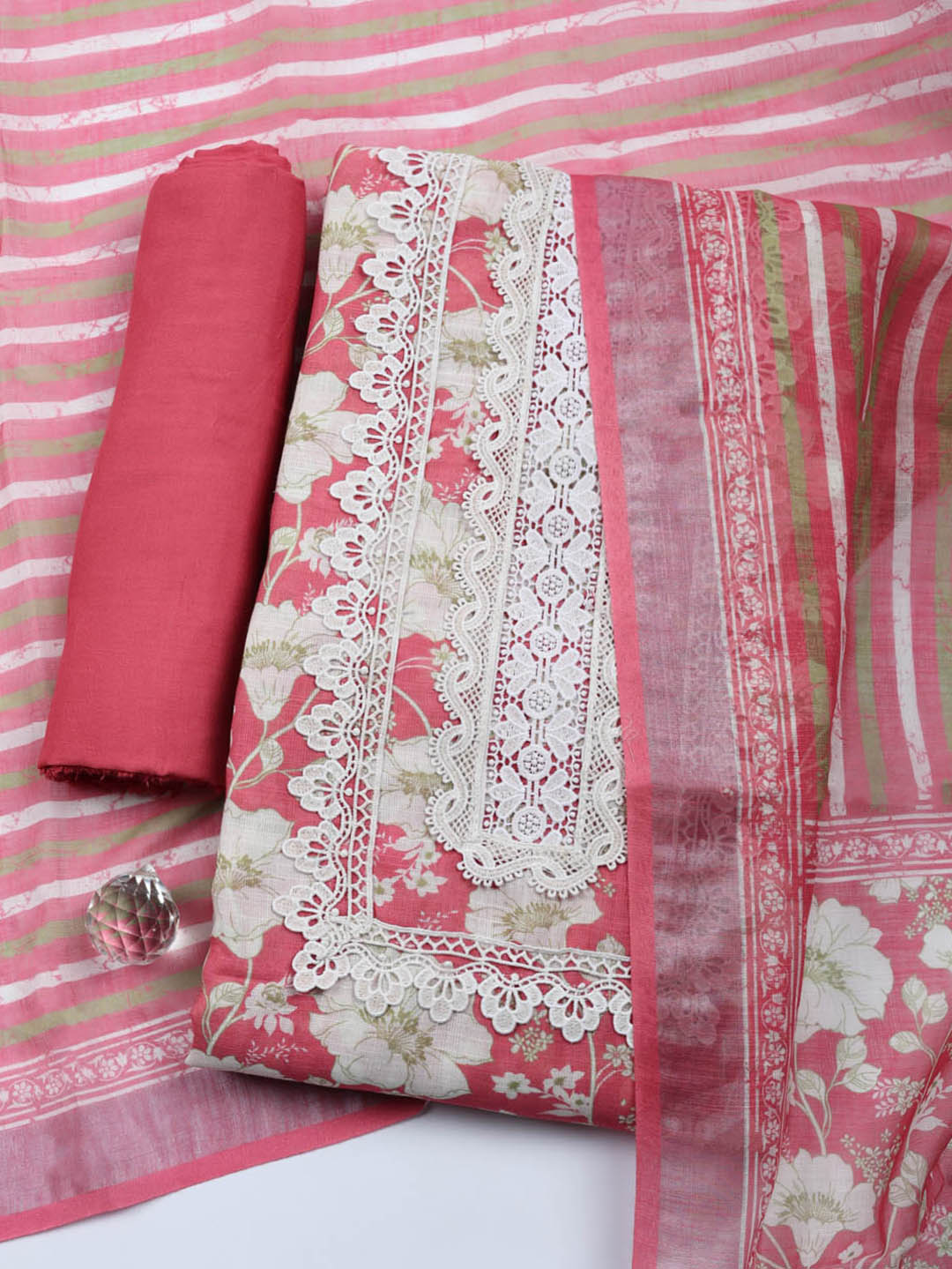 Embroidered Linen Blend Unstitched Suit With Pant &amp; Dupatta
