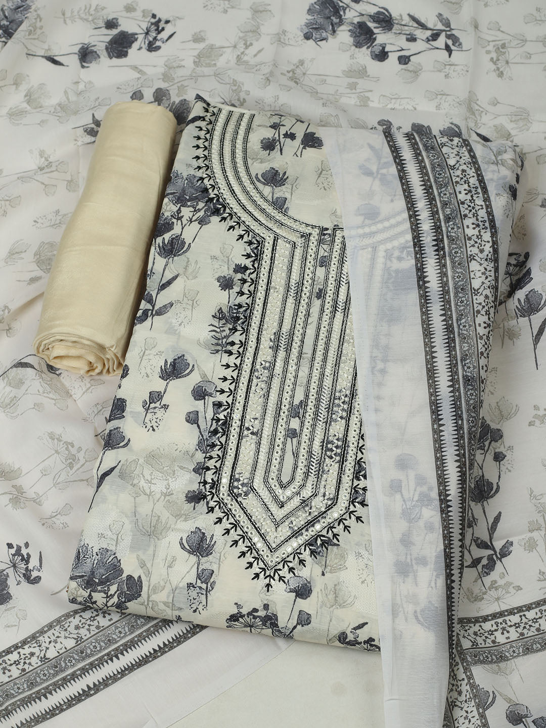 Embroidered Muslin Unstitched Suit With Pant &amp; Dupatta