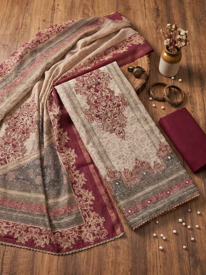 Neck Embroidered Chanderi Unstitched Suit With Dupatta