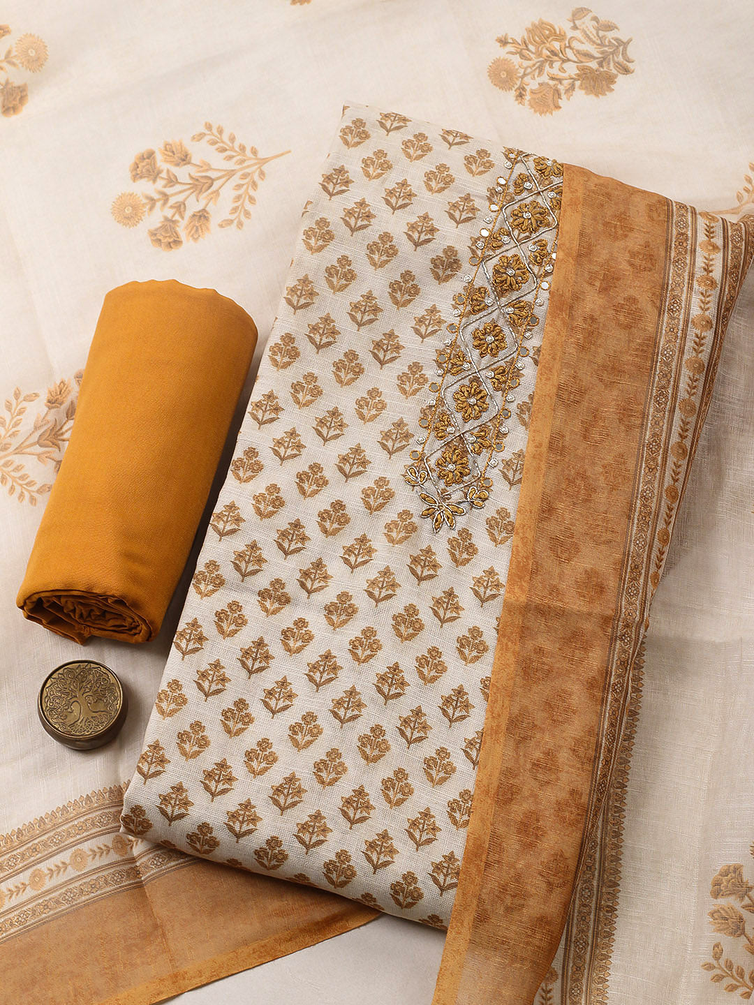 Embroidered Cotton Blend Unstitched Suit With Pant &amp; Dupatta