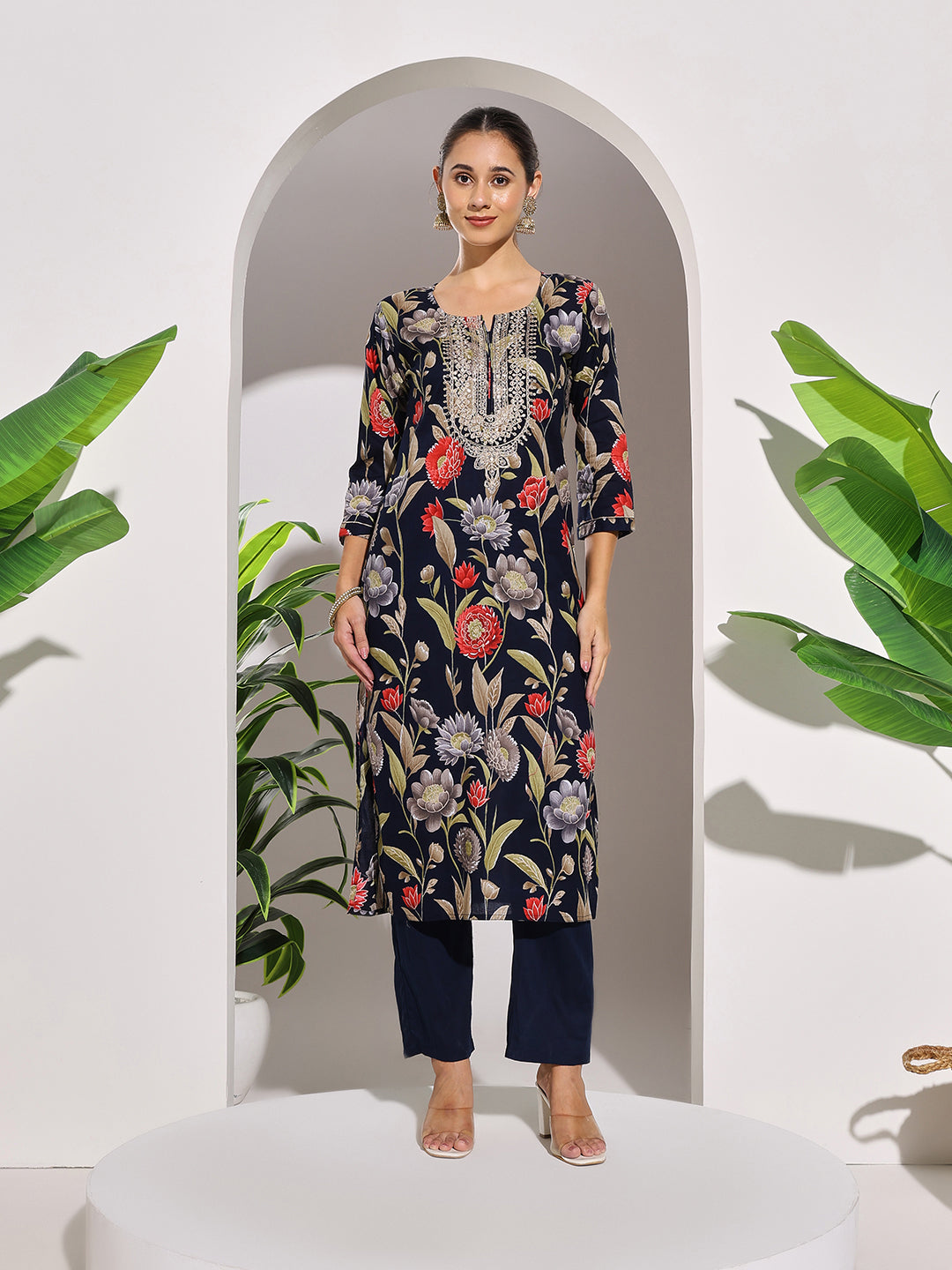 Neck Embroidered Cotton Blend Kurta With Pants