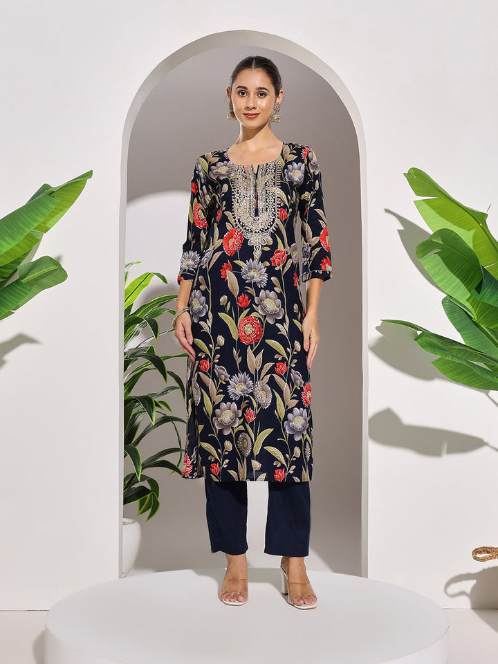 Neck Embroidered Cotton Blend Kurta With Pants