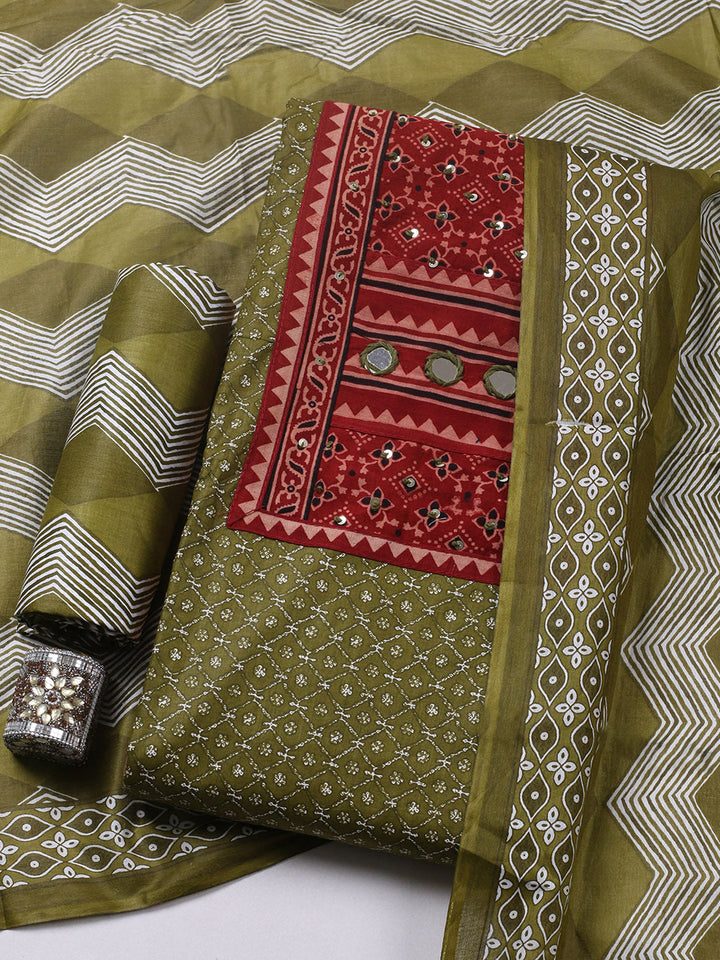 Printed Cotton Blend Unstitched Suit With Pant &amp; Dupatta