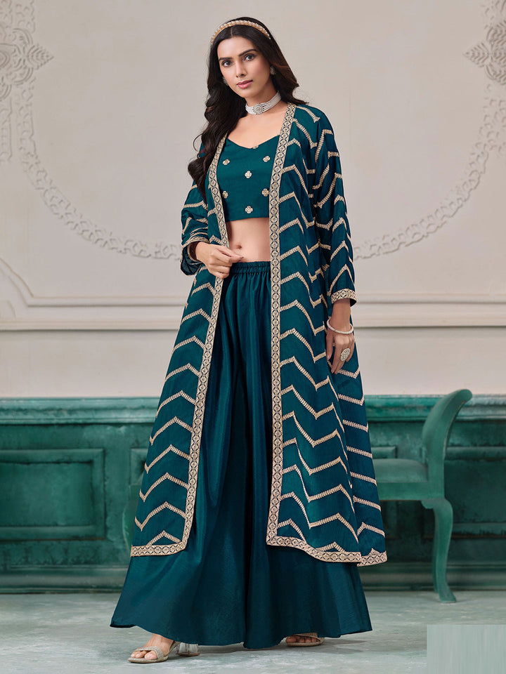 Embroidered Chinnon Choli With Plazzo &amp; Jacket