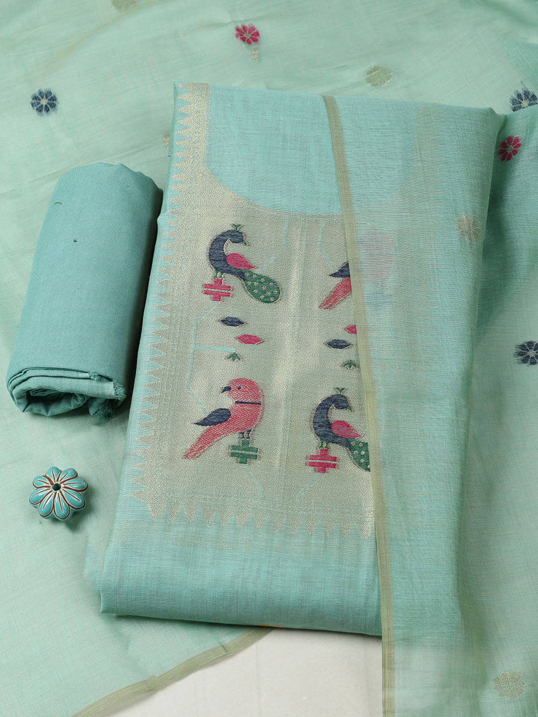 Embroidered Chanderi Unstitched Suit With Pant &amp; Dupatta
