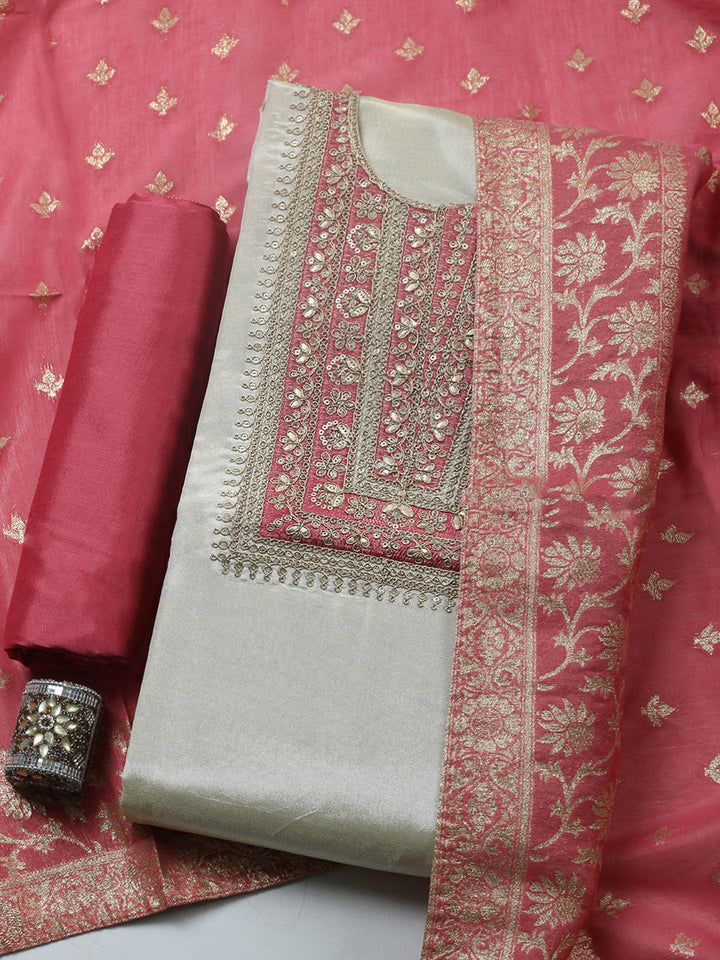 Embroidered Tissue Unstitched Suit With Pant &amp; Dupatta