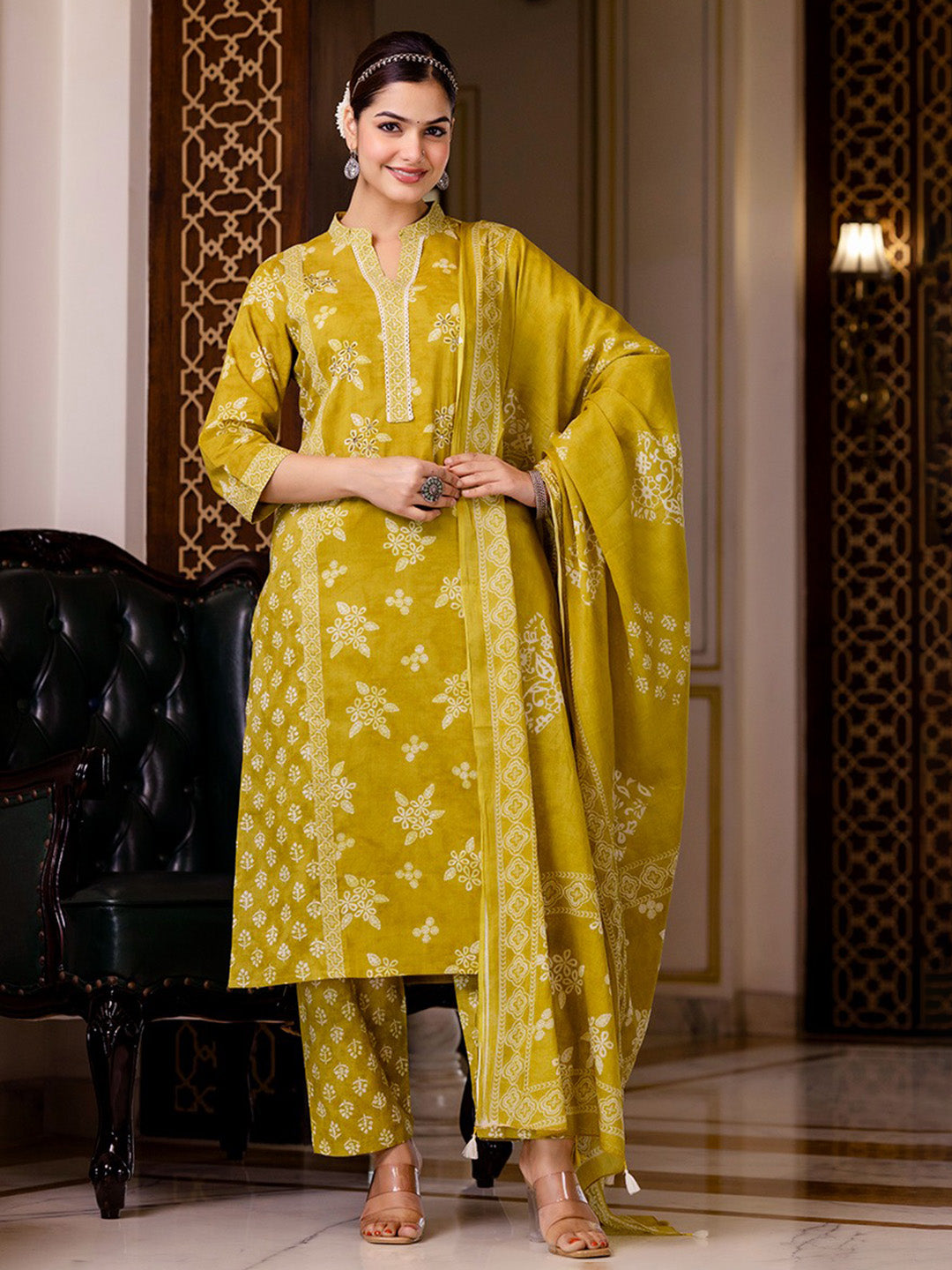 Printed Cotton Blend Kurta With Pants &amp; Dupatta