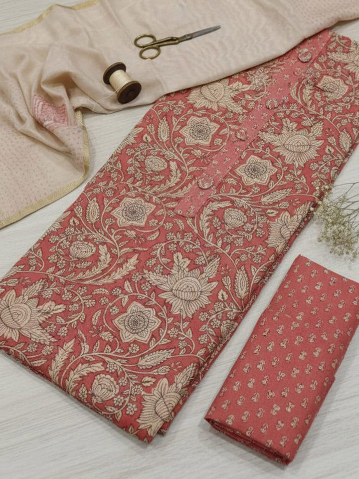 Printed Cotton Blend Unstitched Suit With Pant &amp; Dupatta