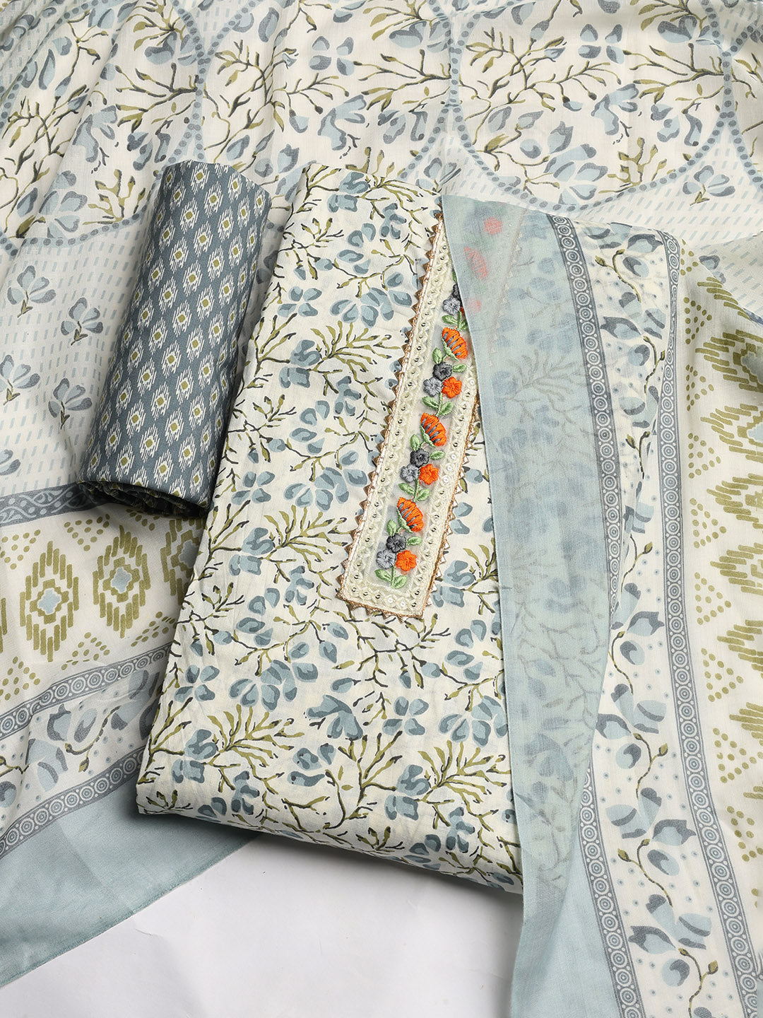 Printed Cotton Blend Unstitched Suit With Dupatta