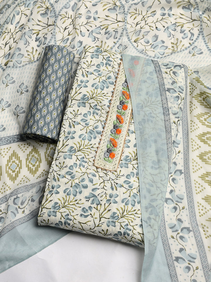 Printed Cotton Blend Unstitched Suit With Dupatta