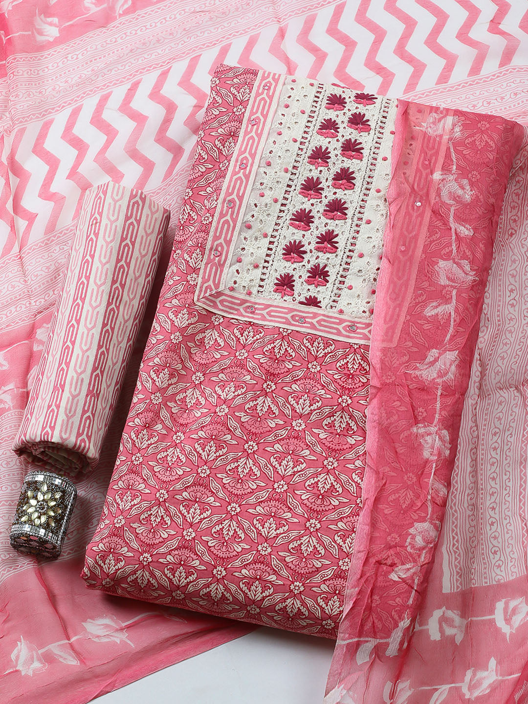 Embroidered Cotton Blend Unstitched Suit With Pant &amp; Dupatta