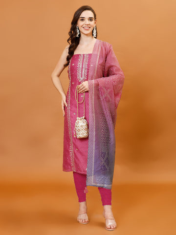 Bandhani Print Chanderi Unstitched Suit Piece With Dupatta