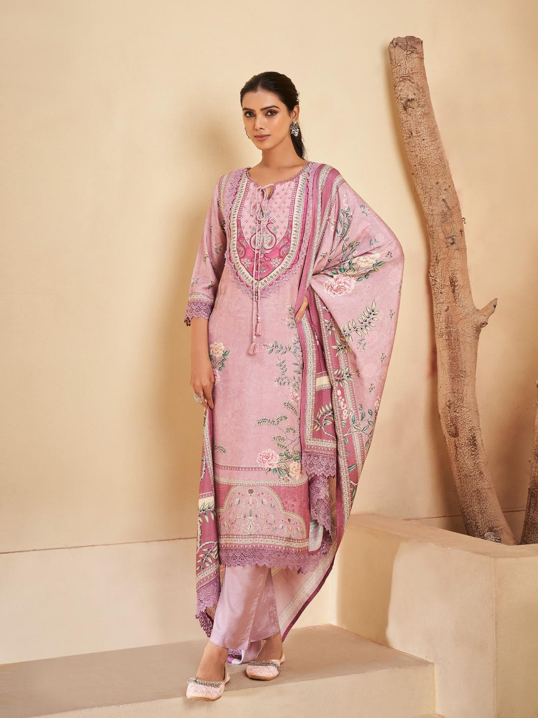Floral Printed Muslin Kurta With Pants &amp; Dupatta