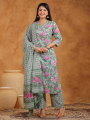 Printed Cotton Blend Kurta With Pants & Dupatta