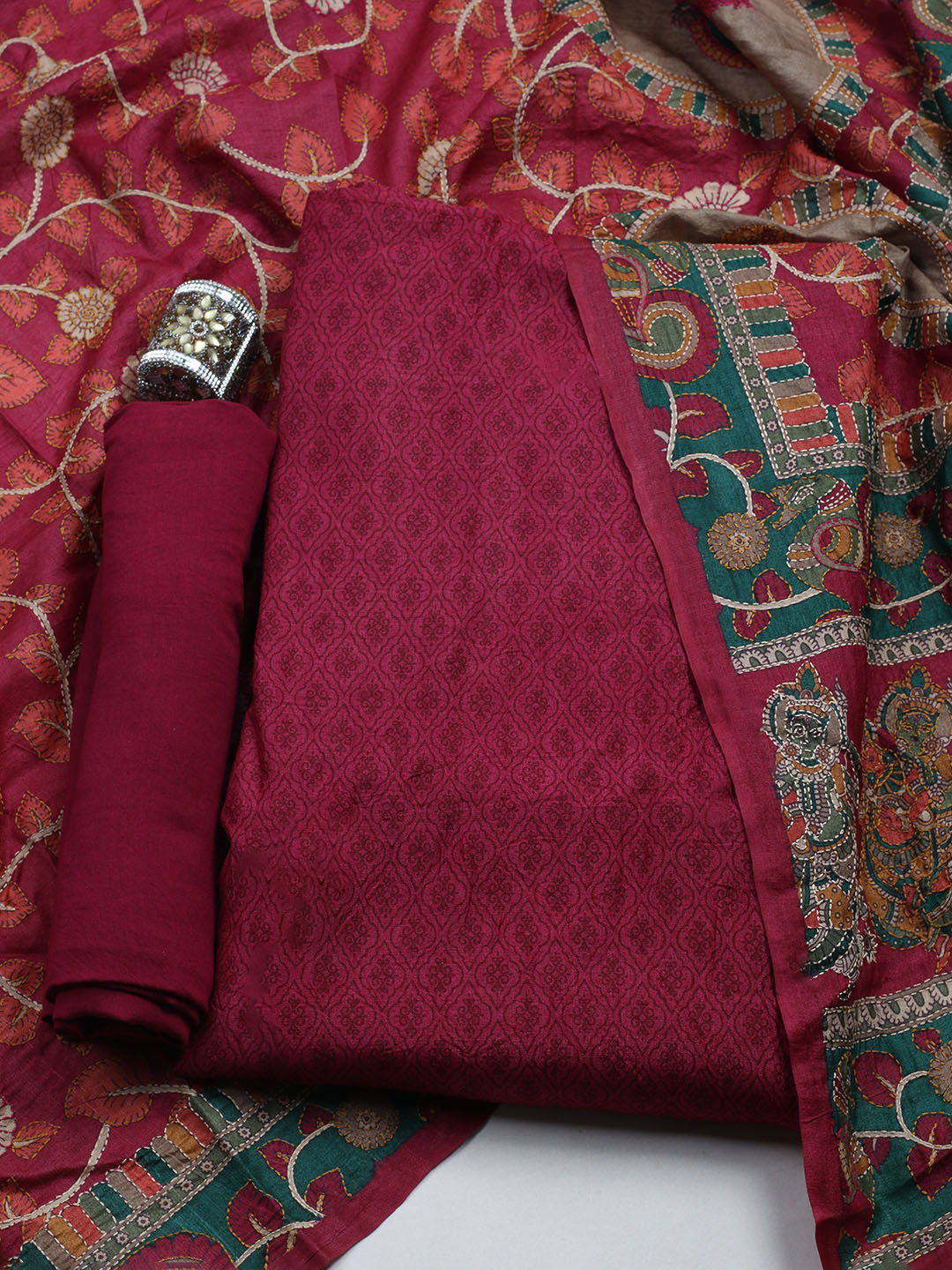 Printed Tussar Unstitched Kurta With Pant &amp; Dupatta