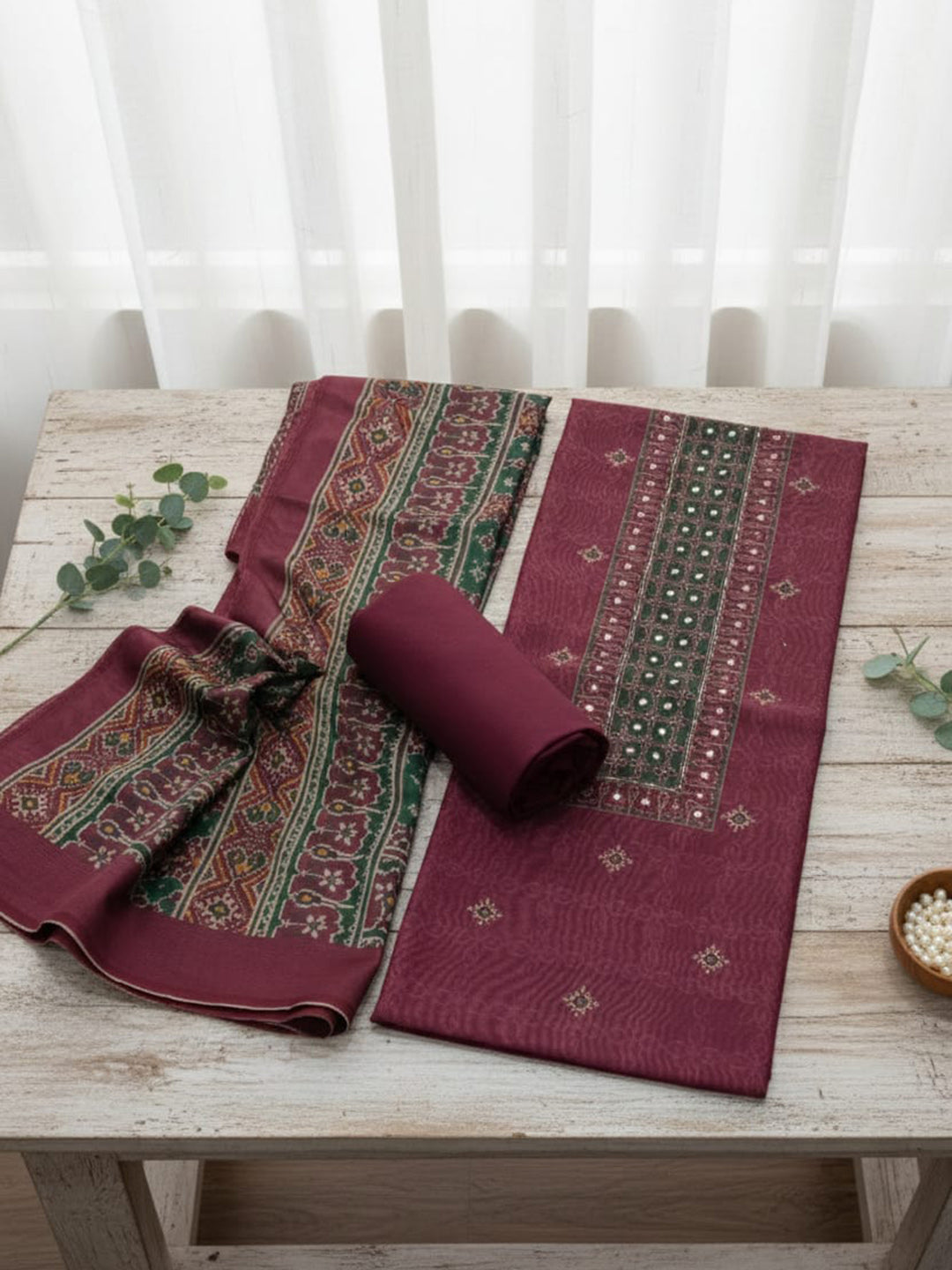 Embroidered Chanderi Unstitched Suit With Pant &amp; Dupatta