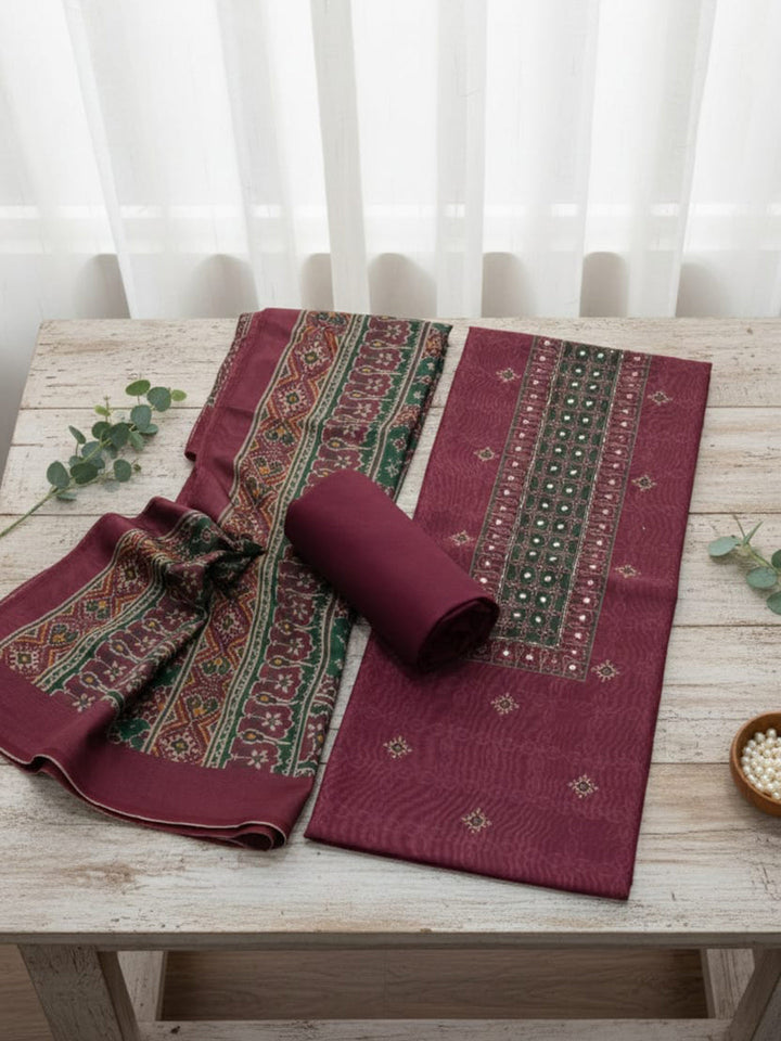 Embroidered Chanderi Unstitched Suit With Pant &amp; Dupatta