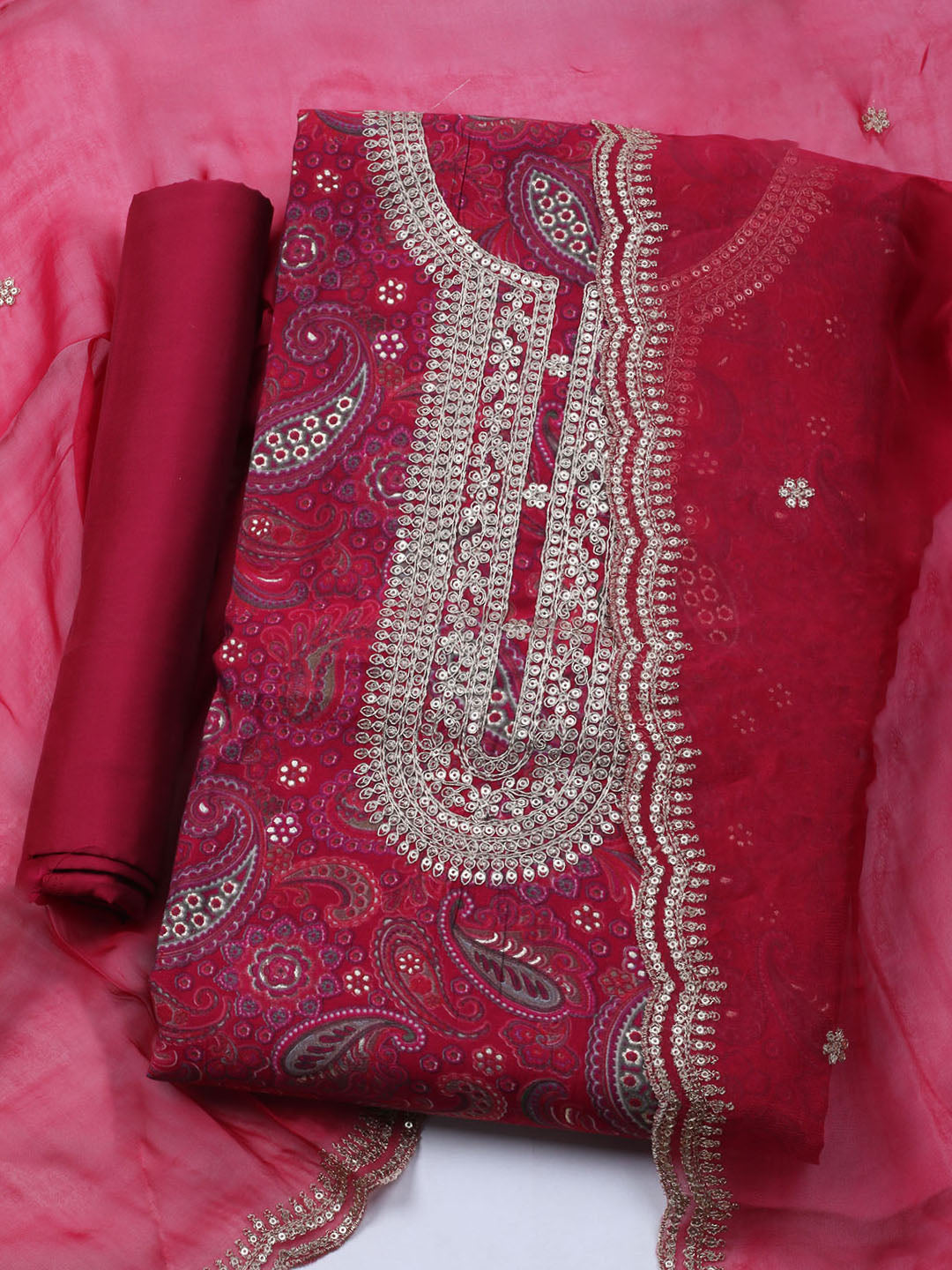 Neck Embroidered Cotton Blend Unstitched Suit With Dupatta