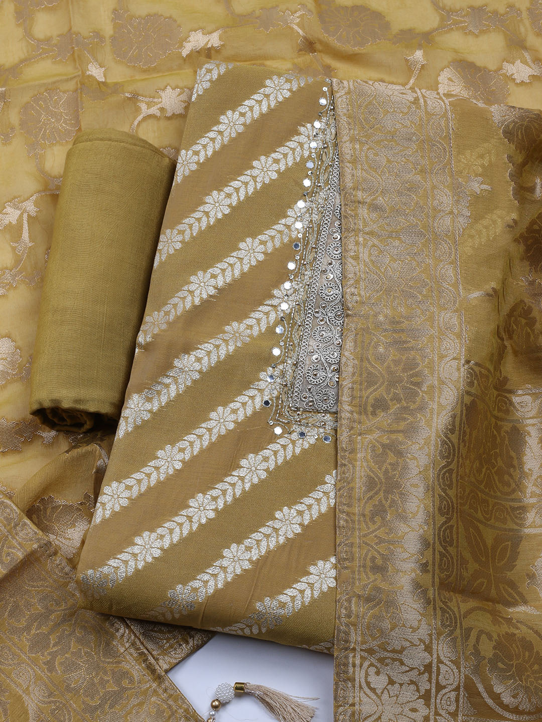 Embroidered Chanderi Unstitched Suit With Dupatta